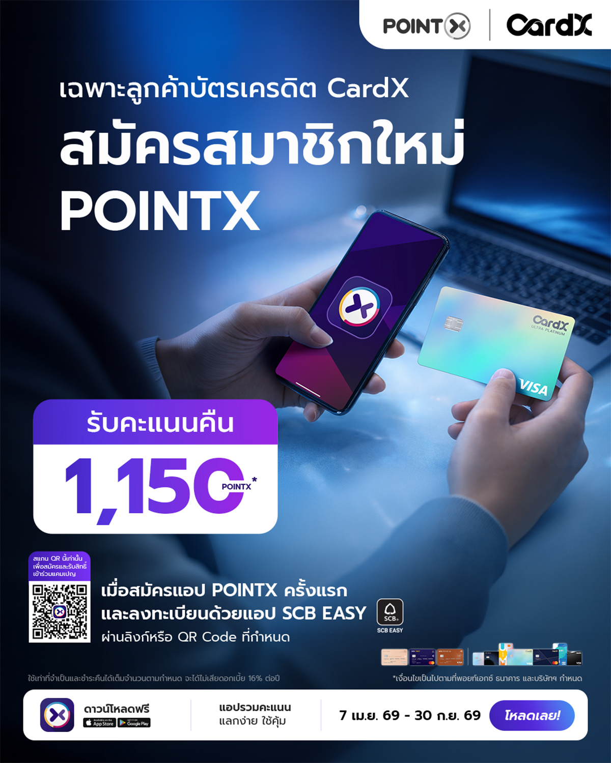 ลูกค้าบัตรเครดิต CardX รับ POINTX คืนสูงสุด 100% หรือ 1,150 คะแนน เมื่อสมัครใช้งาน POINTX App ครั้งแรก