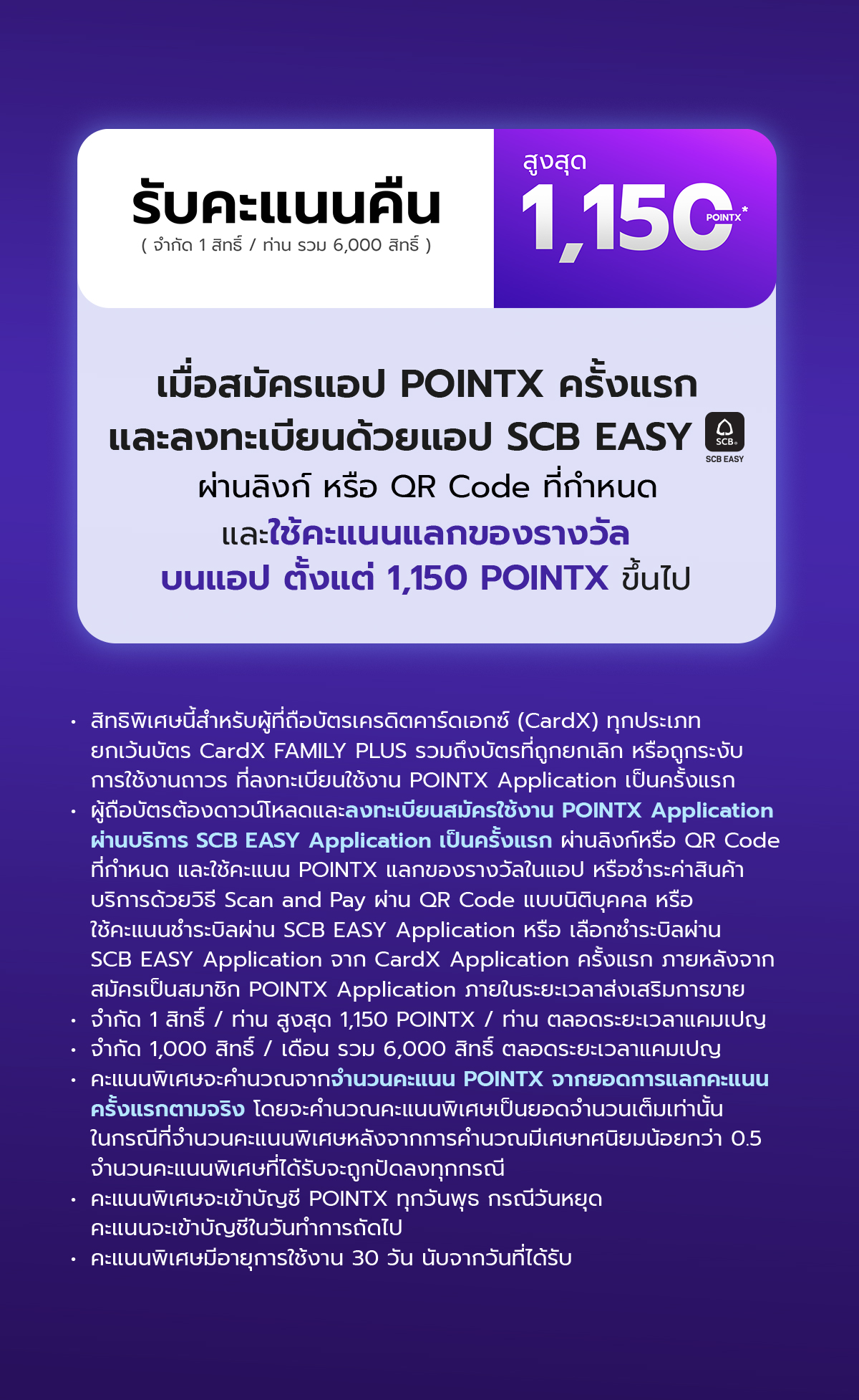 ลูกค้าบัตรเครดิต CardX รับ POINTX คืนสูงสุด 100% หรือ 1,150 คะแนน เมื่อสมัครใช้งาน POINTX App ครั้งแรก